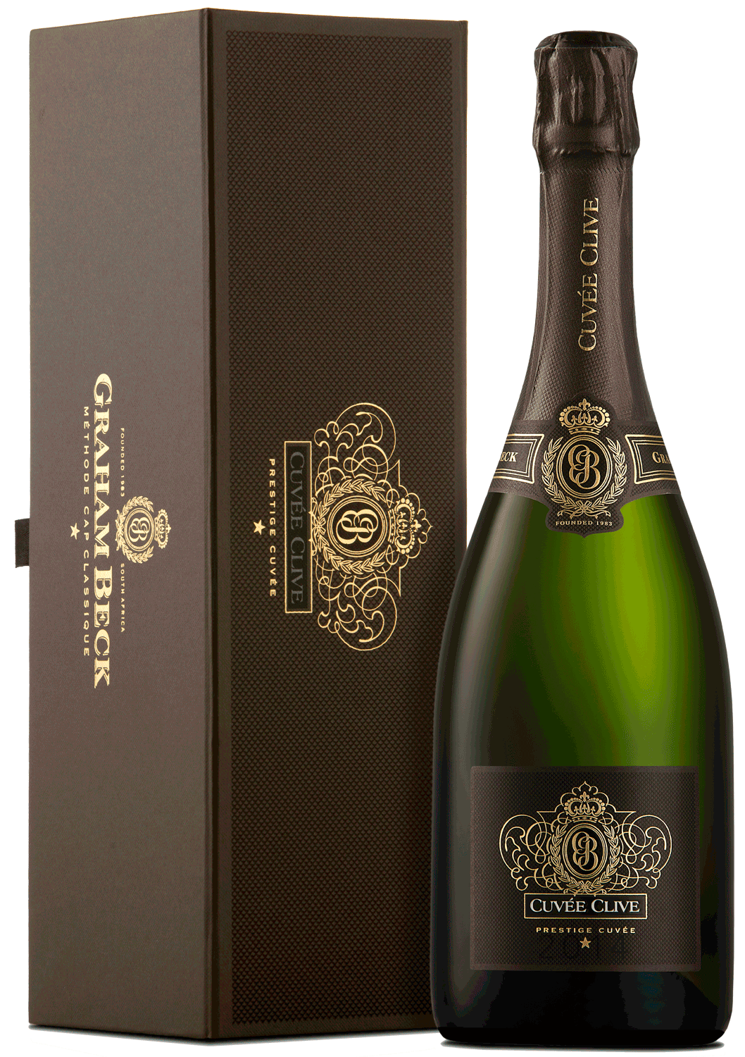 Eine Flasche Graham Beck Cuvée Clive Sekt steht neben dem eleganten dunkelbraunen Geschenkkarton, beide mit goldgeprägten Logos und Details versehen.