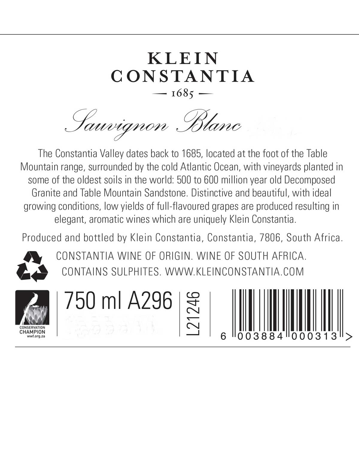 Weinetikett für Klein Constantia Sauvignon Blanc mit Angaben zu Herkunft, Weinbergslage, einzigartigem Boden und Geschmacksnoten. Enthält Barcode, Volumen (750 ml), Code und Auszeichnungssymbol; hergestellt in Südafrika.