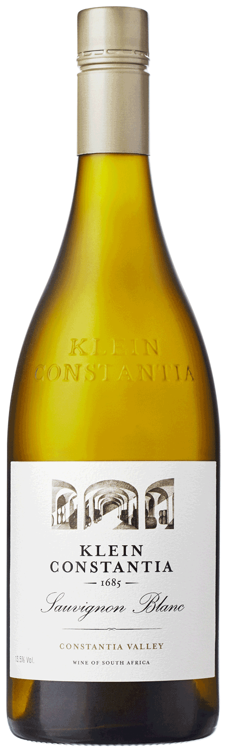 Eine Flasche Klein Constantia 1685 Sauvignon Blanc mit weißem Etikett und goldgeprägtem Text, auf dem eine Illustration von Bögen und ein Text zu sehen sind, der darauf hinweist, dass er aus dem Constantia Valley in Südafrika stammt.