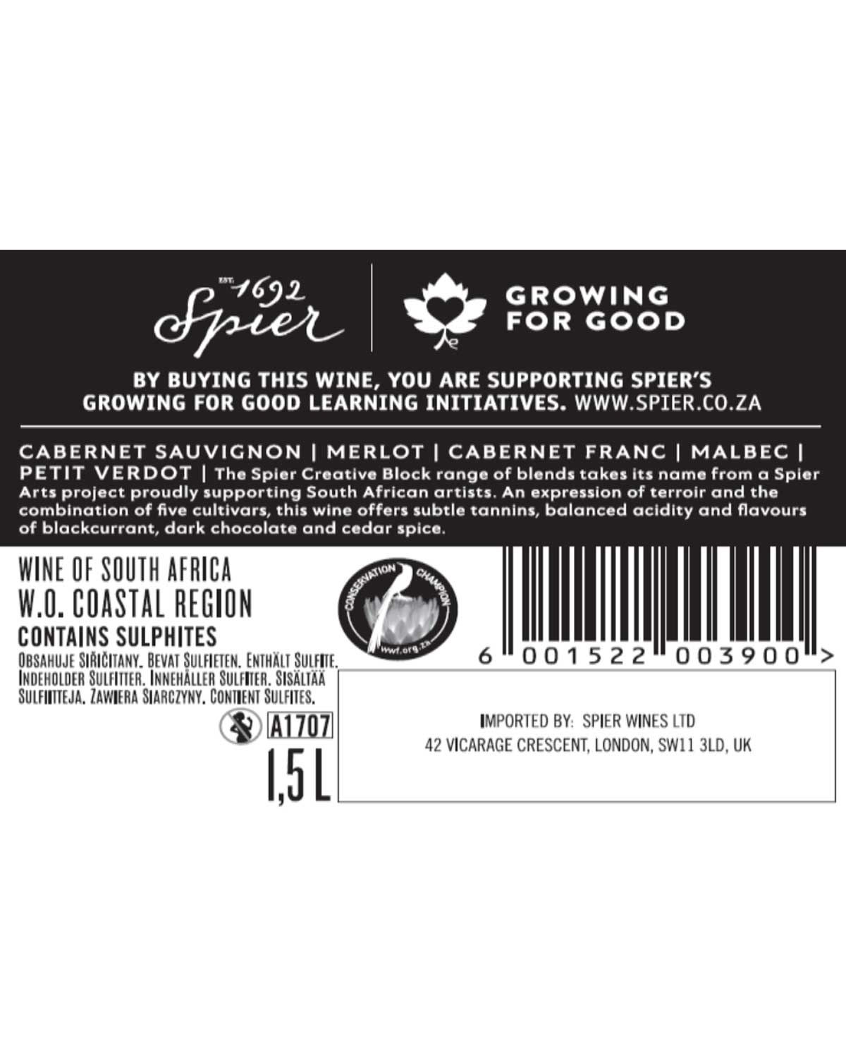 Schwarz-weißes Weinflaschen-Etikett für Spier Creative Block mit Text, der die Mischung, die Unterstützung von Lerninitiativen und die Weinzusammensetzung beschreibt. Enthält Barcode, Volumen (1,5 l) und Produktinformationen.