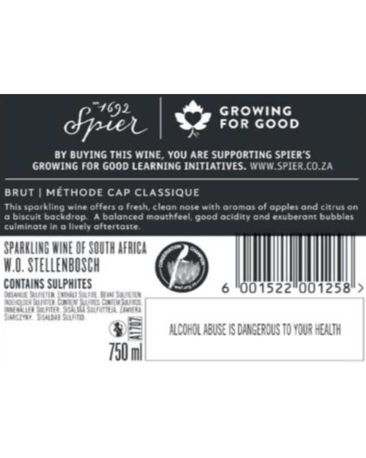 Schwarzes und weißes Weinetikett für Spier Brut Méthode Cap Classique. Der Text beschreibt Aromen, Herkunft (Stellenbosch, Südafrika), Volumen (750 ml) und enthält eine Warnung: Alkoholmissbrauch ist gefährlich für Ihre Gesundheit.