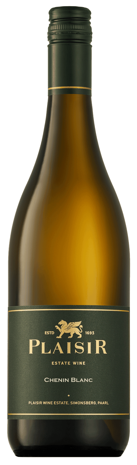 Eine Flasche Plaisir Estate Wine Chenin Blanc mit einem dunkelgrünen und goldenen Etikett mit einem Pferdewappen und einem Text, der darauf hinweist, dass sie von Plaisir Wine Estate, Simonsberg, Paarl stammt.