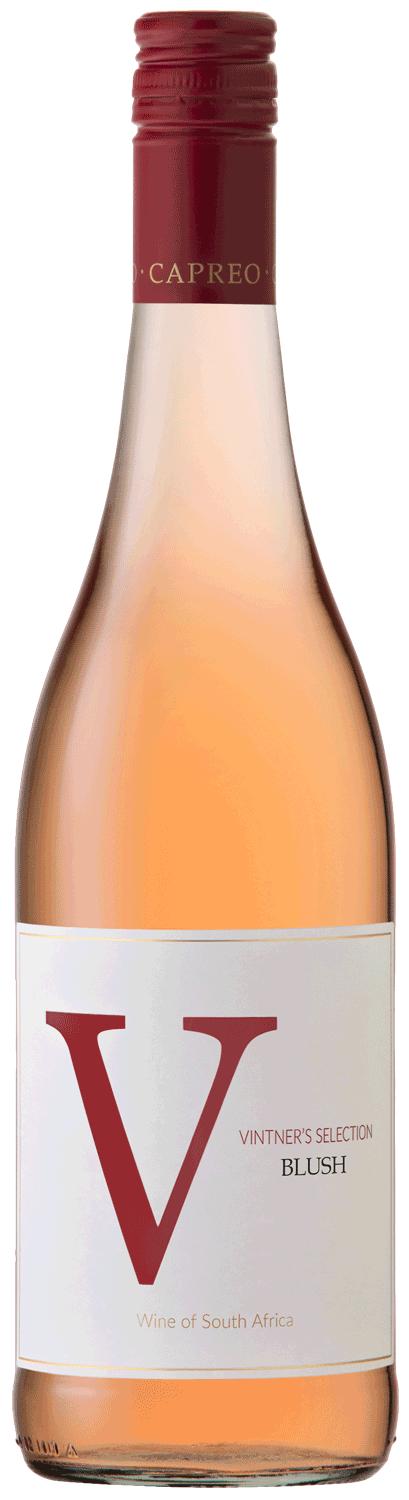 Eine Flasche Capreo Vintners Selection Blush Wein aus Südafrika. Die Flasche hat einen roten Schraubverschluss und ein weißes Etikett mit einem großen roten V und Text, der angibt, dass es sich um einen Blush-Wein handelt.