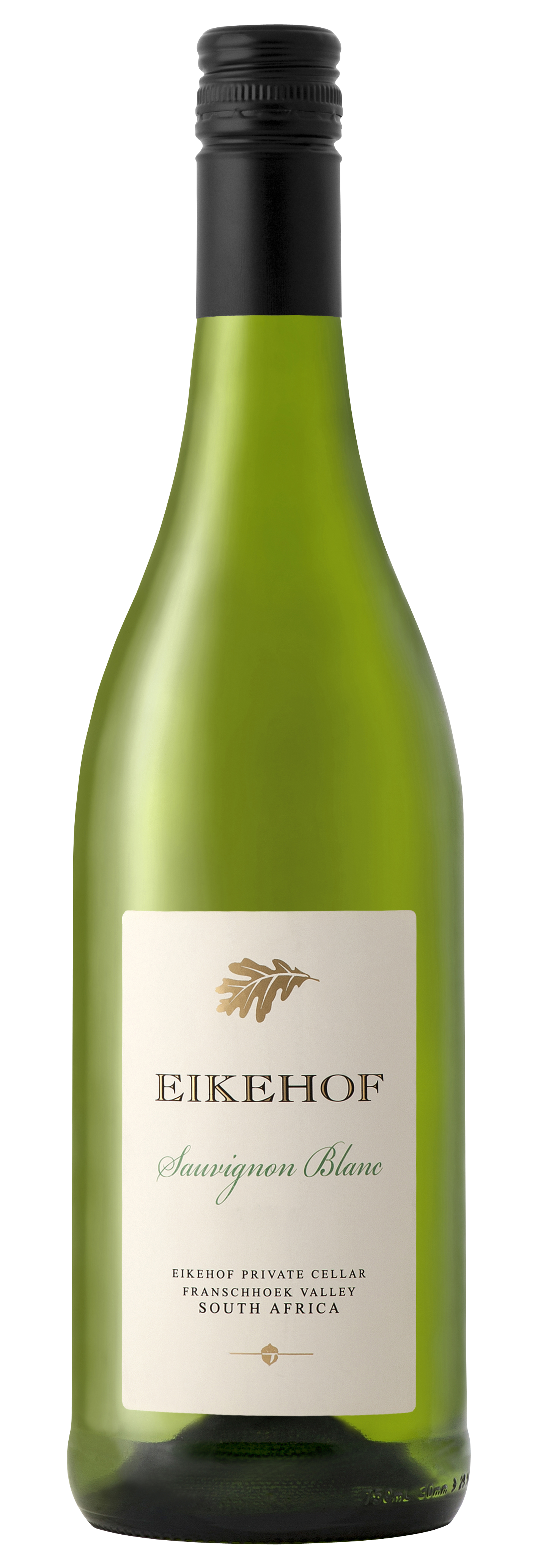 Eine grüne Glasflasche Eikehof Sauvignon Blanc mit schwarzem Schraubverschluss und einem cremefarbenen Etikett mit goldener und schwarzer Schrift und einem goldenen Blattmuster. Das Etikett gibt an, dass er aus Südafrika stammt.