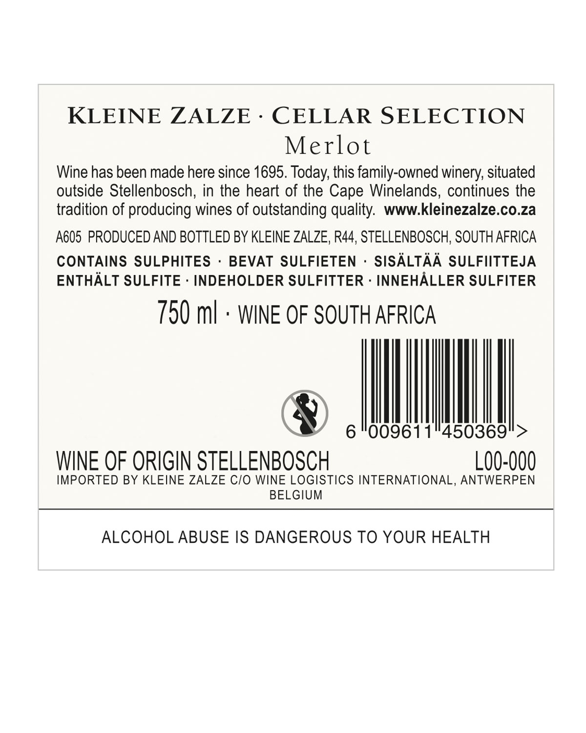 Eine Flasche Kleine Zalze Cellar Selection Merlot Rotwein mit einem roten Schraubverschluss und einem weißen Etikett mit dem Markennamen und der Weinsorte.
