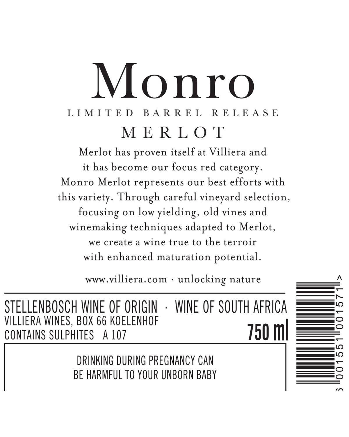 Weinflaschenetikett mit dem Monro Limited Barrel Release Merlot aus Villiera, Südafrika. Der Text beschreibt die Auswahl des Weinbergs und die Weinherstellung; auf der rechten Seite sind Gesundheitswarnung, Herkunft, Volumen (750 ml) und Barcode angegebe