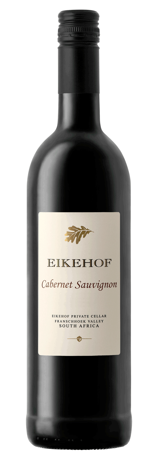 Eine Flasche Eikehof Cabernet Sauvignon mit einem weißen Etikett mit goldener Schrift und einem Blattgold-Logo. Die Flasche ist dunkel und hat einen schwarzen Schraubverschluss.