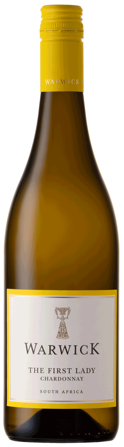 Eine Flasche Warwick The First Lady Chardonnay mit einem gelben Verschluss und einem weißen Etikett, auf dem das Warwick-Logo, der Name des Weins und der Schriftzug South Africa zu lesen sind.