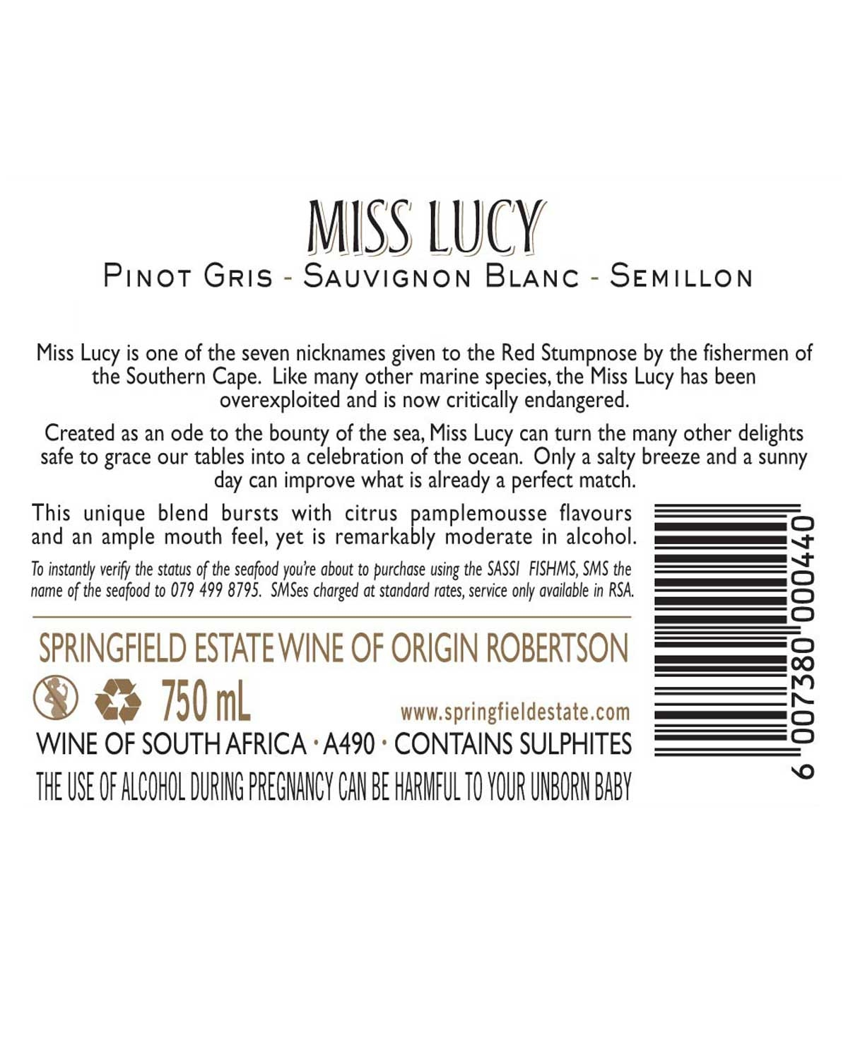 Weinetikett für Miss Lucy mit Produktangaben, Verkostungsnotizen und Warnhinweisen. Enthält Weinmischung (Pinot Gris, Sauvignon Blanc, Semillon), Herkunft (Südafrika), Volumen (750 ml) und einen Strichcode auf der rechten Seite.