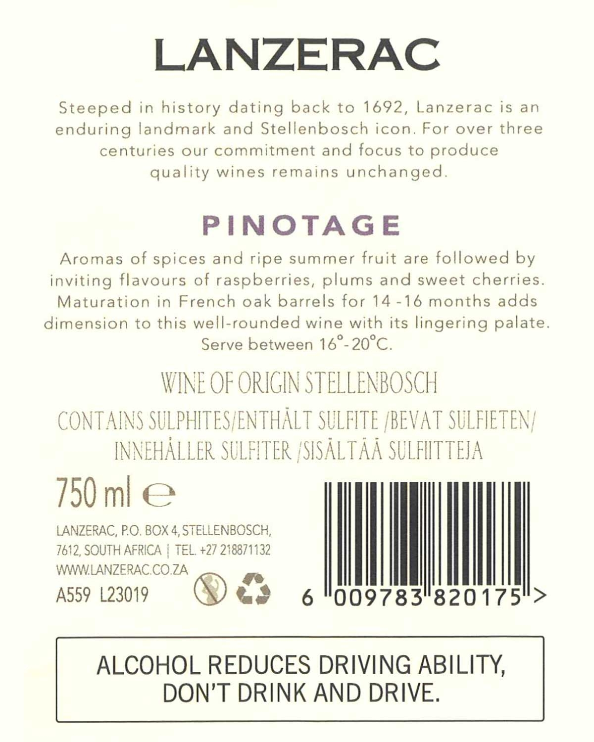 Weinetikett für Lanzerac Pinotage mit beschreibendem Text über die Geschichte des Weins und Geschmacksnoten, Produktdetails, Barcode und einem Warnhinweis: Alkohol verringert die Fahrtüchtigkeit. Nicht trinken und fahren.
