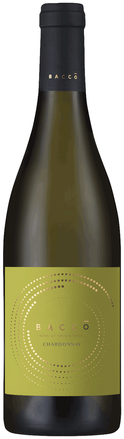 Eine Flasche Bacco Chardonnay-Wein mit einem grünen Etikett mit kreisförmigen goldenen Mustern und goldenem Text. Die Flasche hat eine schwarze Kappe und ein minimalistisches, modernes Design.