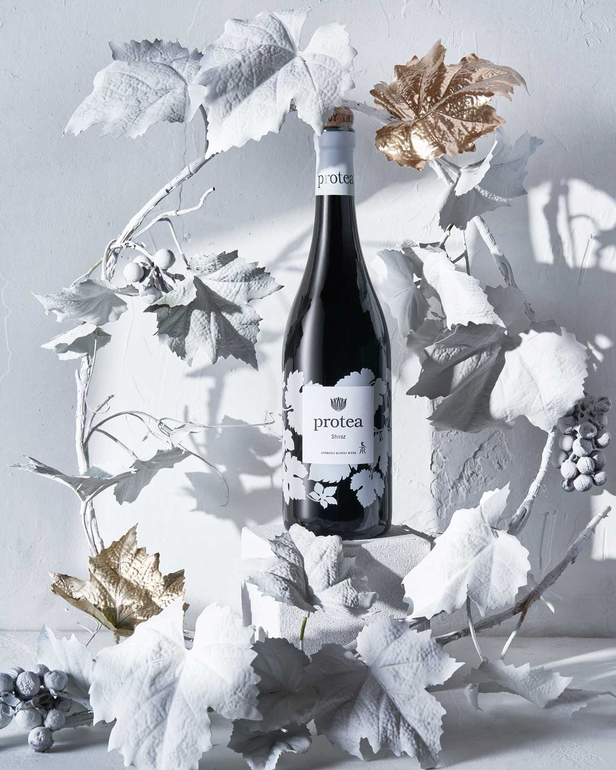 Eine Flasche Protea Shiraz-Wein mit Korken, weißem Etikett mit schwarzem Blumenmuster und dem Text Protea Shiraz sowie dem Aufdruck ANTHONIJ RUPERT WYNE darunter.