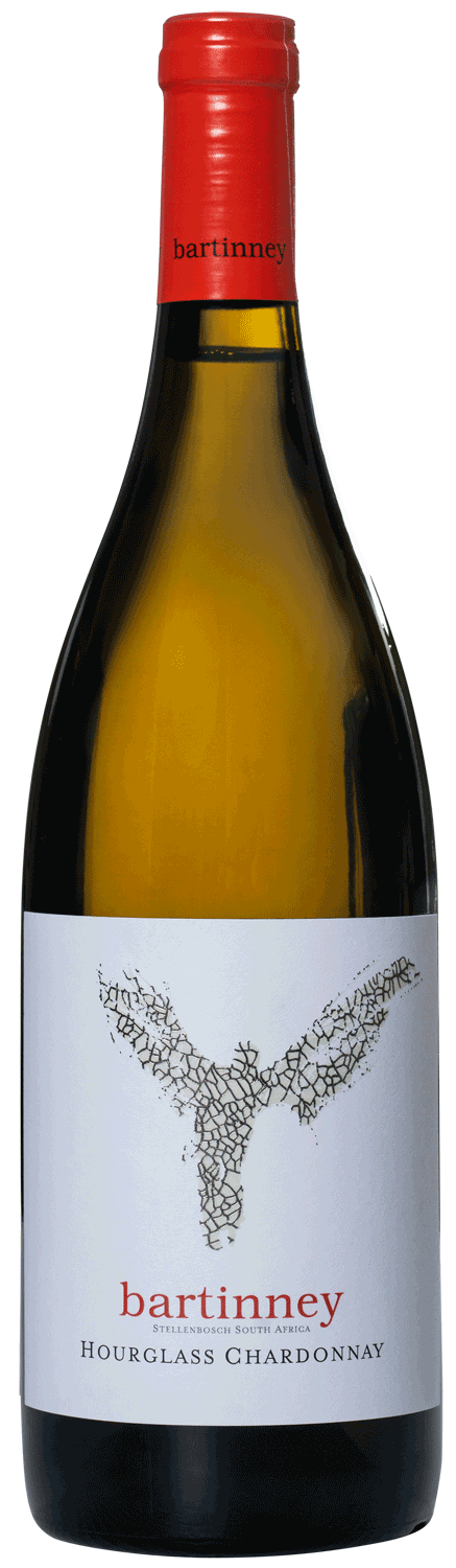 Eine Flasche Bartinney Hourglass Chardonnay mit einem roten Verschluss. Das weiße Etikett zeigt den Namen Bartinney, eine stilisierte Weinrebe und den Text Hourglass Chardonnay.