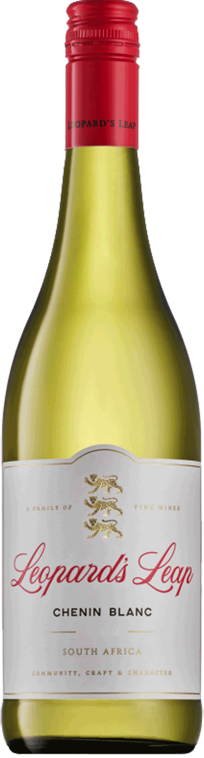 Eine Flasche Leopards Leap Chenin Blanc mit rotem Verschluss, goldener und roter Schrift auf weißem Etikett und einem goldenen Leoparden-Emblem. Der Wein ist aus Südafrika.