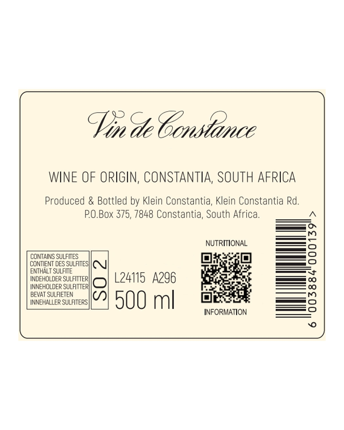 Weinetikett für Vin de Constance, hergestellt in Constantia, Südafrika. Zu den Informationen gehören ein Volumen von 500 ml, ein Strichcode für den Nährwert und der Schwefeldioxidgehalt (SO2). Produziert von Klein Constantia.