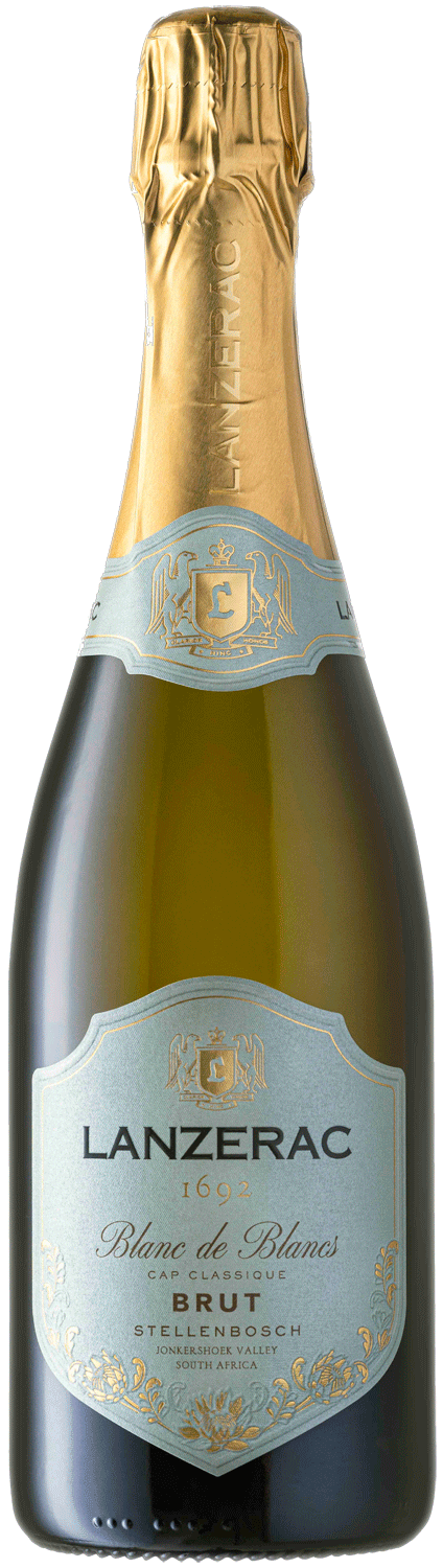 Eine Flasche Lanzerac 1690 Blanc de Blancs Brut Schaumwein mit Goldfolienverschluss und blau-goldenem Etikett, das ein elegantes Branding darstellt.