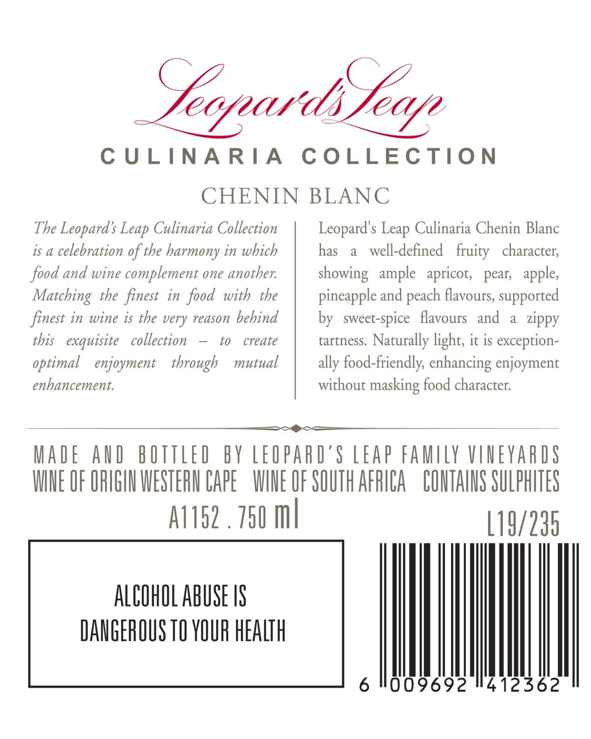 Weinflaschenetikett für Leopards Leap Culinaria Collection Chenin Blanc, mit Verkostungsnotizen, Serviervorschlägen, Herkunftsangaben und einer Gesundheitswarnung vor Alkoholmissbrauch. Mit Barcode und Produktinformation am unteren Rand.