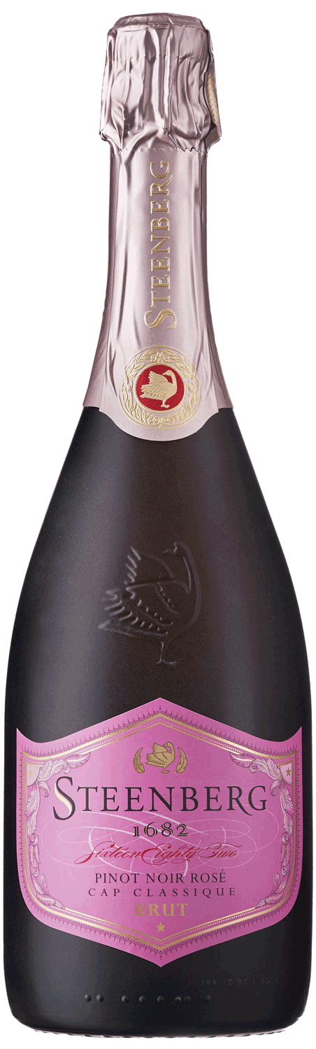 Eine Flasche Steenberg 1682 Pinot Noir Rosé Sekt mit rosafarbenem Folienverschluss und rosafarbenem Etikett mit goldenen Akzenten und schwarzem Text auf der Vorderseite.