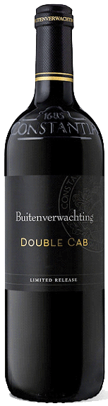 Eine Flasche Buitenverwachting Double Cab Wein mit einem schwarz-goldenen Etikett mit dem Text Limited Release. Die Flasche hat einen schwarzen Folienverschluss und ein elegantes, minimalistisches Design.