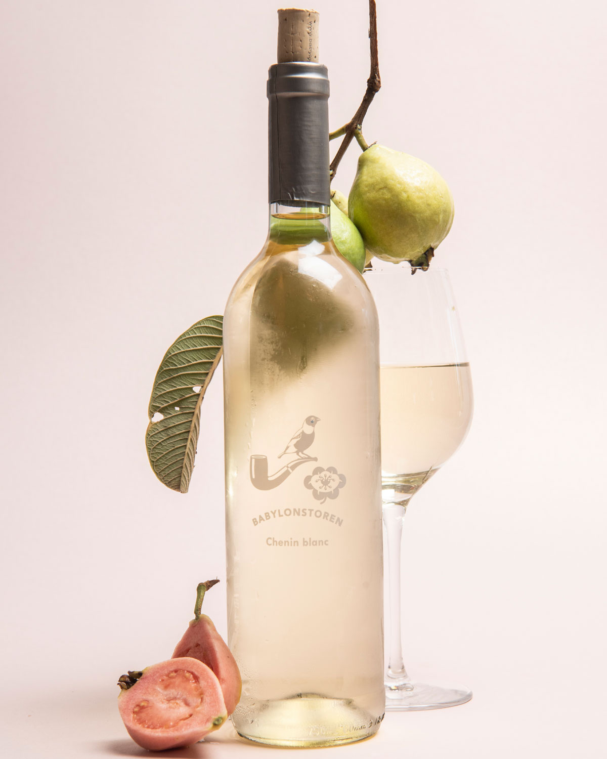 Eine Flasche Babylonstoren Chenin Blanc steht neben einem gefüllten Weinglas, um das herum Guavenfrüchte und Blätter auf einem hellen Hintergrund kunstvoll angeordnet sind.