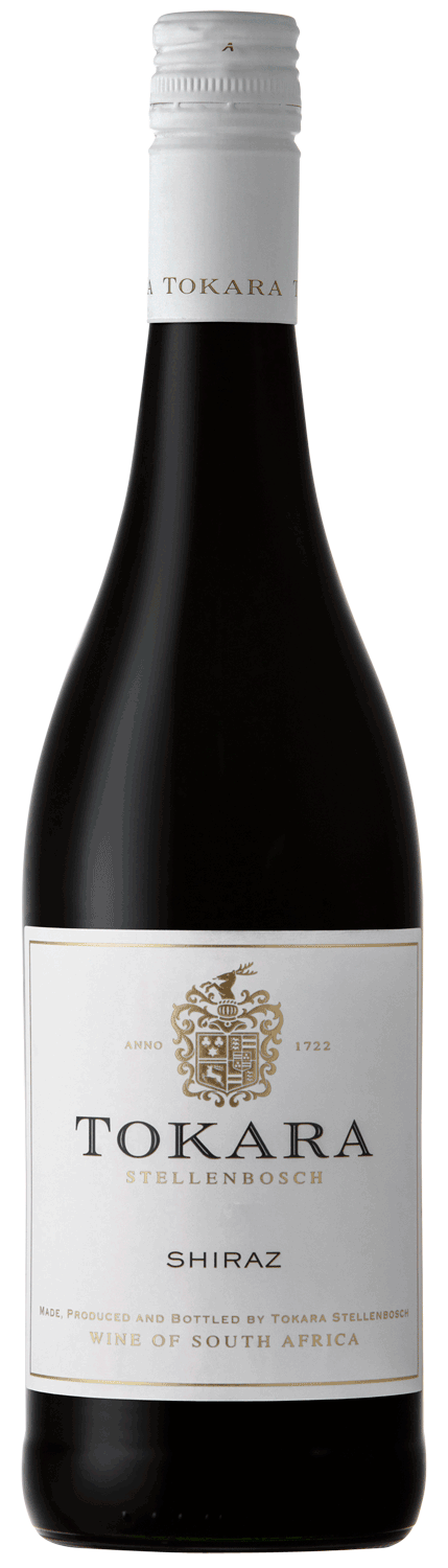 Eine Flasche Tokara Shiraz Wein aus Stellenbosch, Südafrika, mit weißem Etikett mit goldener und schwarzer Schrift, goldenem Emblem und weißem Verschluss.