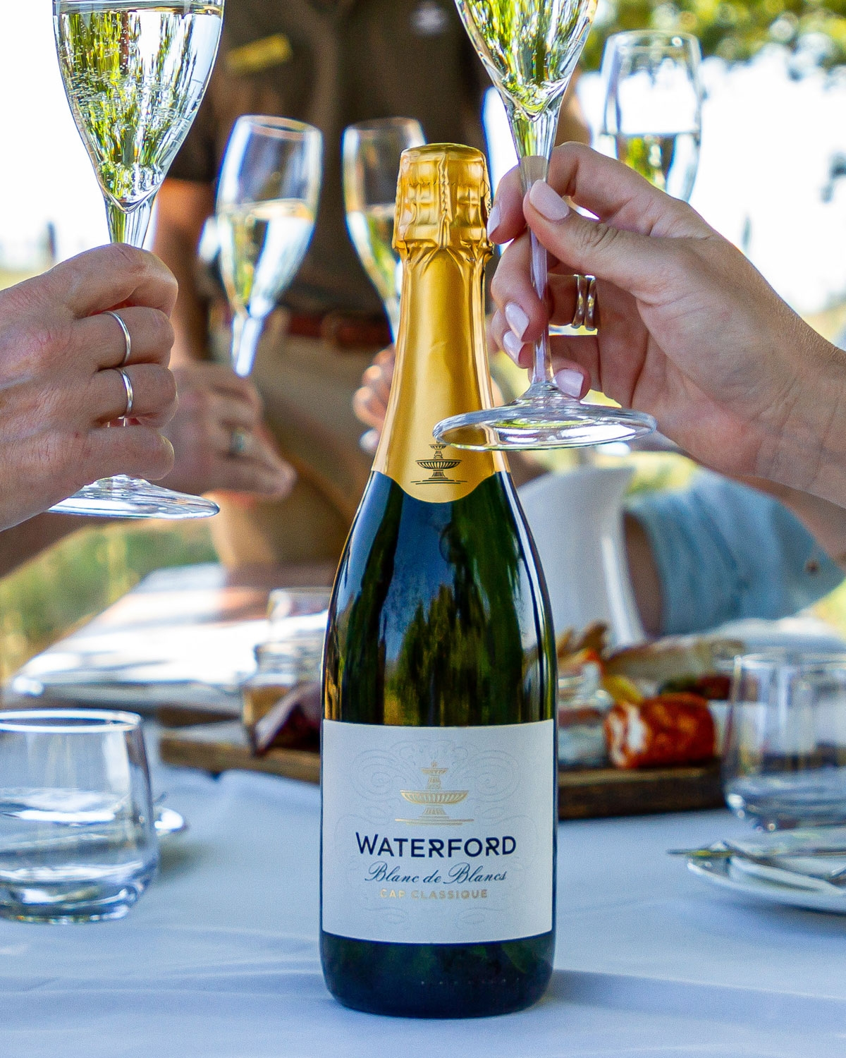 Eine Flasche Waterford Cap Classique Sekt mit einem in Goldfolie eingewickelten Deckel und einem weißen Etikett mit dem Markennamen und "Blanc de Blancs Cap Classique".