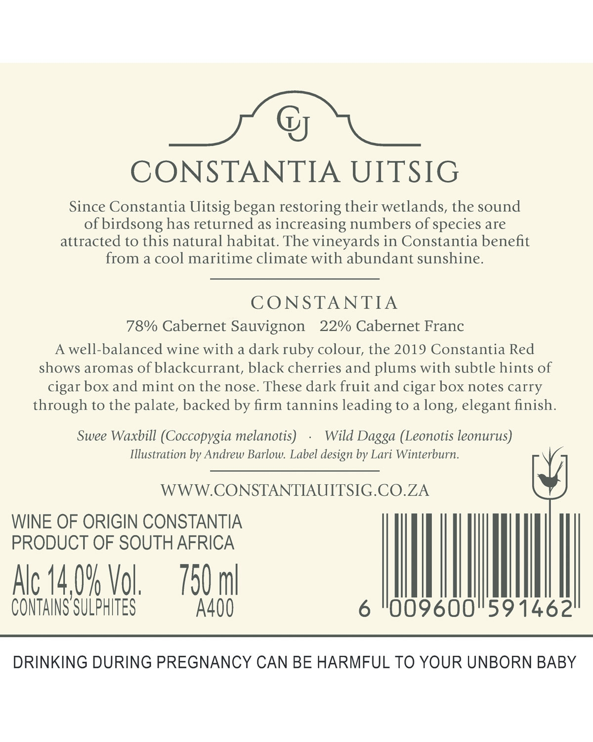 Eine Flasche Constantia Uitsig Rotwein aus Südafrika, mit einem cremefarbenen Etikett mit einer Vogel- und Blumenillustration und einer tiefroten Folie am Hals.
