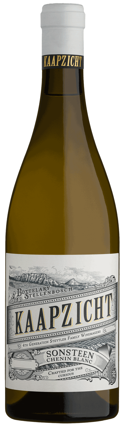 Eine Flasche Kaapzicht Wein mit einem weißen Etikett mit der Aufschrift Kaapzicht Sonsteen Chenin Blanc und detaillierten Illustrationen und Texten im Vintage-Stil. Die Flasche hat eine weiße Kappe mit der Aufschrift Kaapzicht.