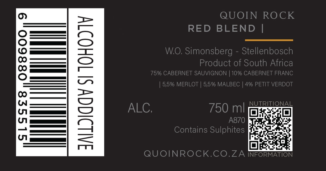 Weinflaschenetikett für Quoin Rock Red Blend aus Südafrika. Enthält Strichcode, Warnhinweis "ALCOHOL IS ADDICTIVE", QR-Code, Nährwertangaben und prozentuale Anteile der fünf Rebsorten. 750mL, Alkoholgehalt nicht angegeben.