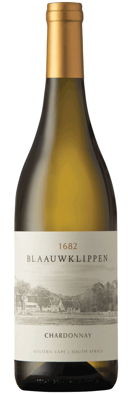 Eine Flasche Blaauwklippen 1682 Chardonnay Wein aus dem Westkap, Südafrika. Auf dem Etikett ist eine Landschaftsskizze mit Gebäuden und Bäumen abgebildet, und die Flasche ist mit einer Goldfolie verschlossen.