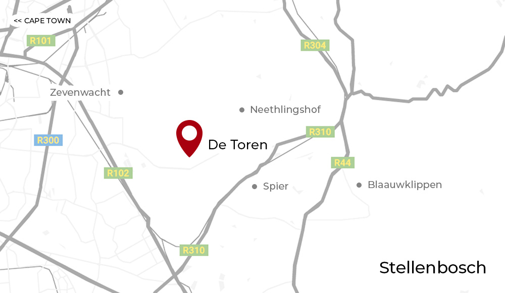 Karte mit der Lage von De Toren in der Nähe von Stellenbosch, Südafrika, mit nahe gelegenen Straßen (R300, R310, R44) und Sehenswürdigkeiten wie Zevenwacht, Neethlingshof, Spier und Blaauwklippen.