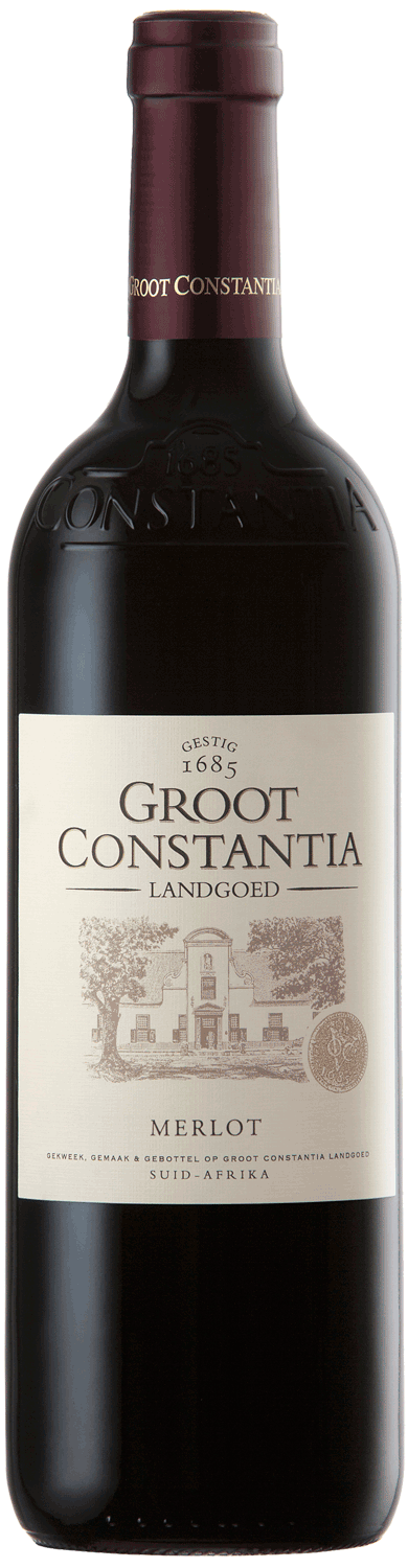 Eine Flasche Groot Constantia Merlot mit einem kastanienbraunen Foliendach und einem cremefarbenen Etikett mit dem Namen des Weinguts, einer Abbildung eines Gebäudes und Angaben zum südafrikanischen Wein.
