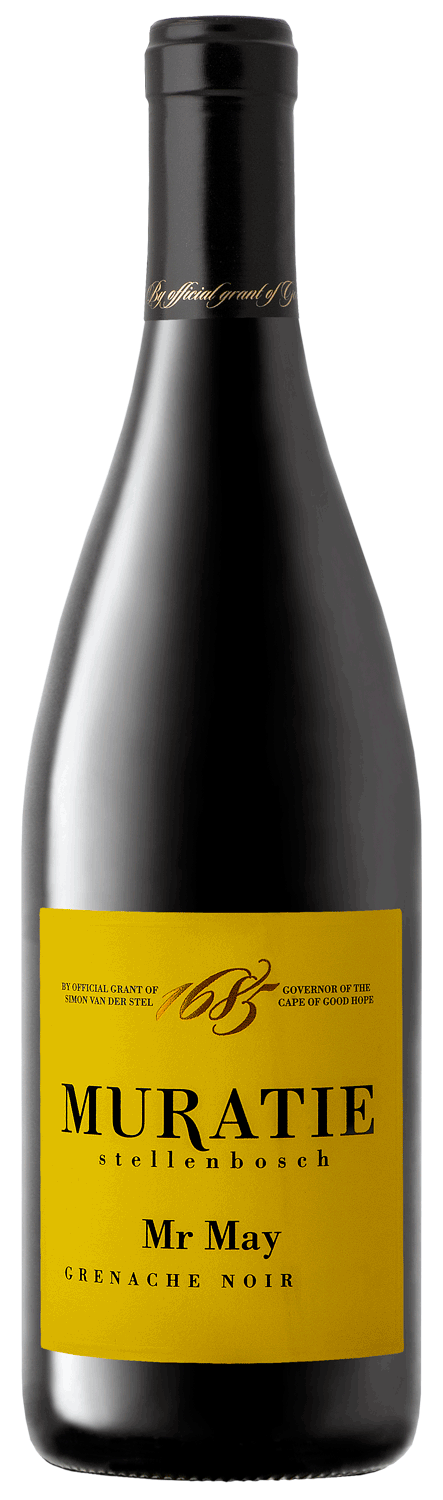 Eine Flasche Muratie Mr. May Grenache Noir Wein aus Stellenbosch, mit einem leuchtend gelben Etikett mit schwarzer Schrift und einem schwarzen Schraubverschluss.