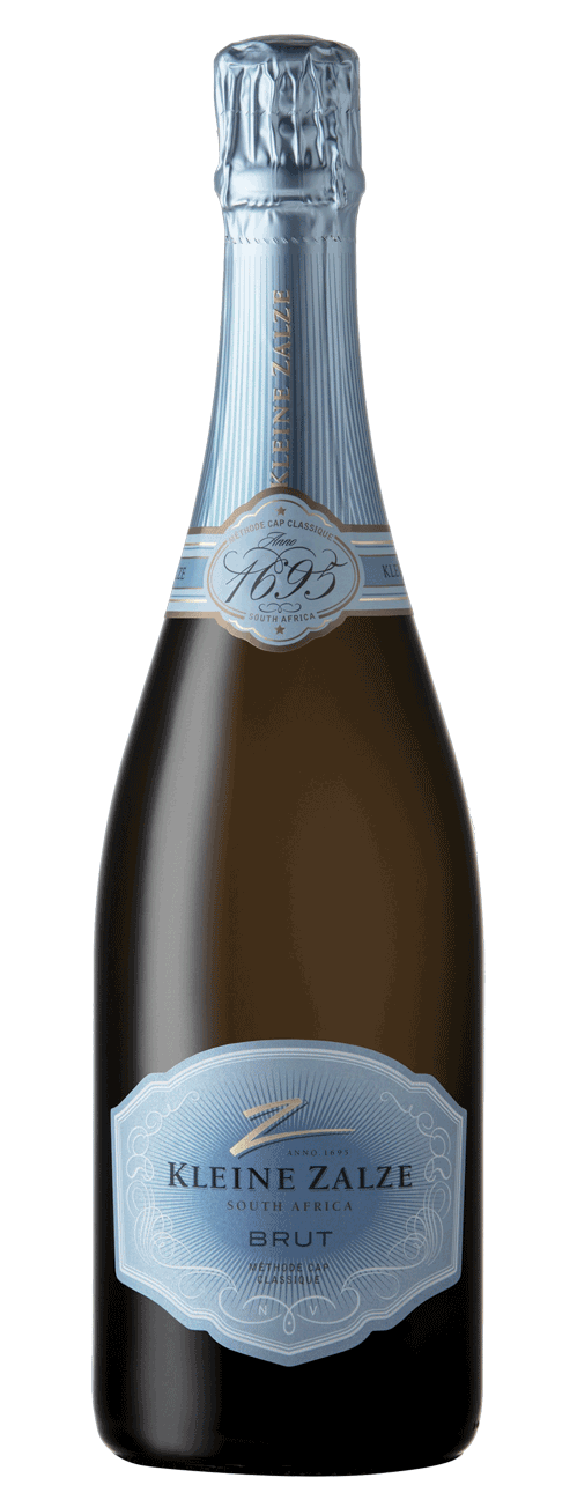 Eine Flasche Kleine Zalze Brut Schaumwein aus Südafrika mit blauem, folienumwickeltem Hals und hellblauem Etikett mit silbernen Akzenten auf der Vorderseite.