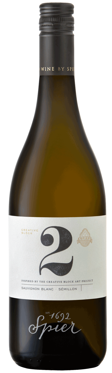 Eine Flasche Spier Creative Block 2 Weißwein mit einem weißen Etikett mit einer großen Zahl 2, goldener Schrift und einem schwarzen Schraubverschluss. Auf dem Etikett steht, dass es sich um eine Mischung aus Sauvignon Blanc und Semillon handelt.