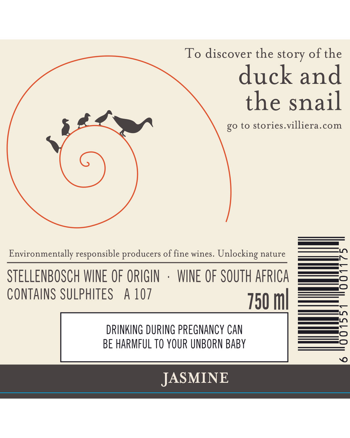 Weinetikett mit einer roten Spirale mit vier Enten und einer Schnecke, Text über "die Geschichte von der Ente und der Schnecke", Angaben zur Herkunft des Weins, eine Schwangerschaftswarnung und ein Strichcode. Der Wein heißt Jasmine from South Africa.