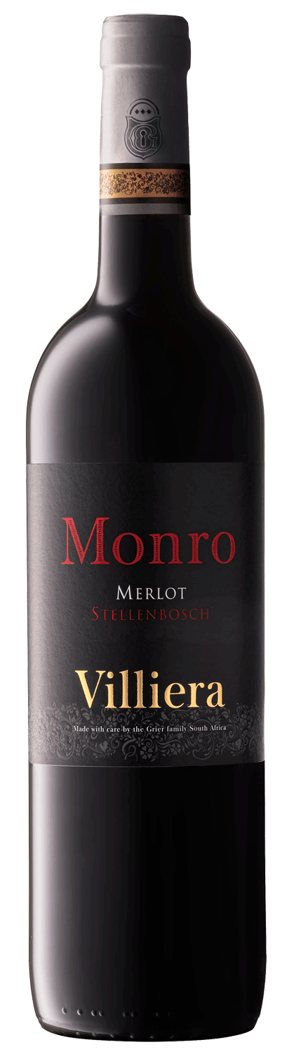 Eine Flasche Villiera Monro Merlot Wein aus Stellenbosch, Südafrika, mit einem schwarz-goldenen Folienhals, dunklem Etikett und rotem und weißem Text auf hellem Hintergrund.