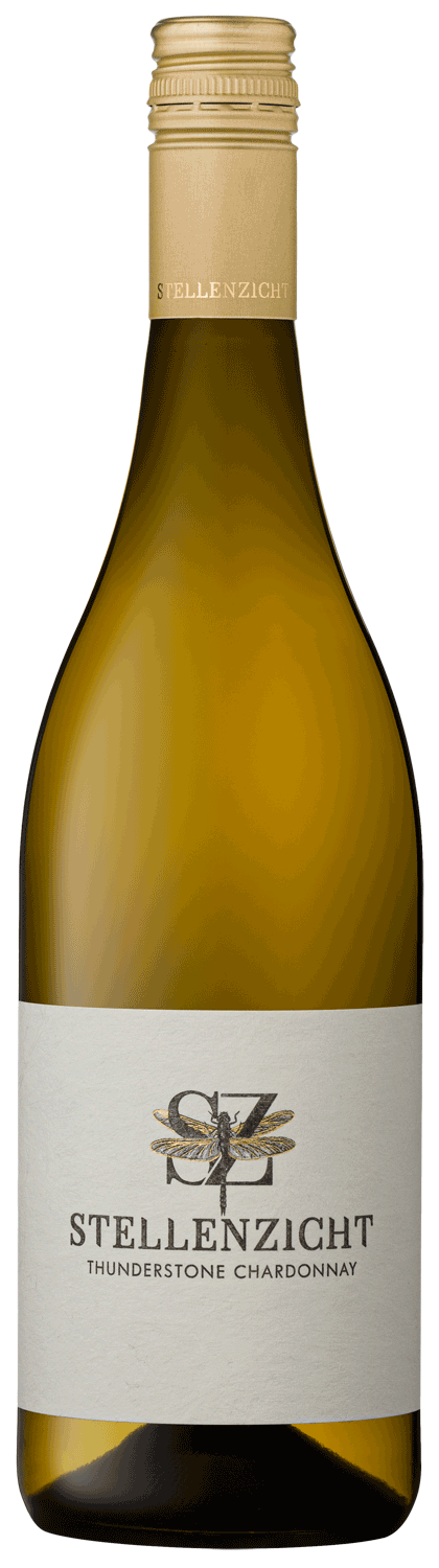Eine Flasche Stellenzicht Thunderstone Chardonnay mit goldenem Schraubverschluss, weißem Etikett mit Libellenmotiv und schwarzem Text, der den Namen und die Sorte des Weins angibt.