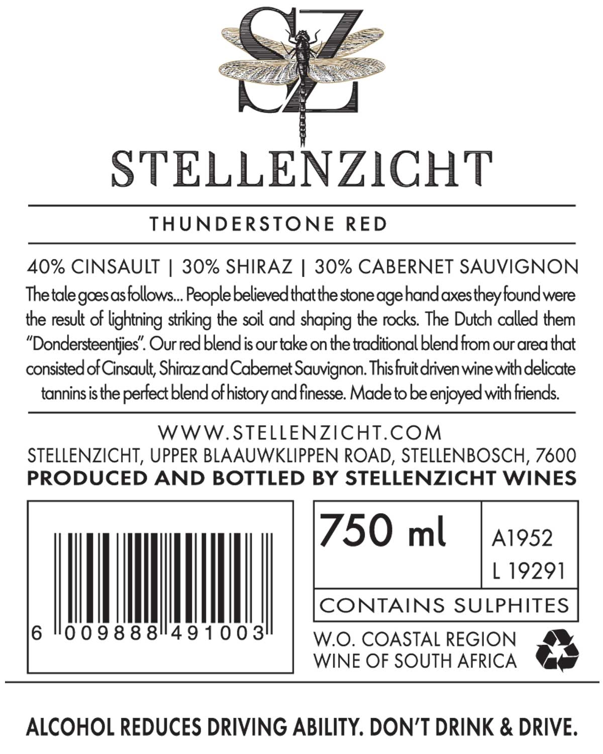 Weinetikett für Stellenzicht Thunderstone Red mit einem Libellenlogo und Angaben zur Mischung (40% Cinsault, 30% Shiraz, 30% Cabernet Sauvignon). Enthält die Flaschengröße, die Herkunft (Südafrika), Allergene und den Hinweis auf verantwortungsvolles 