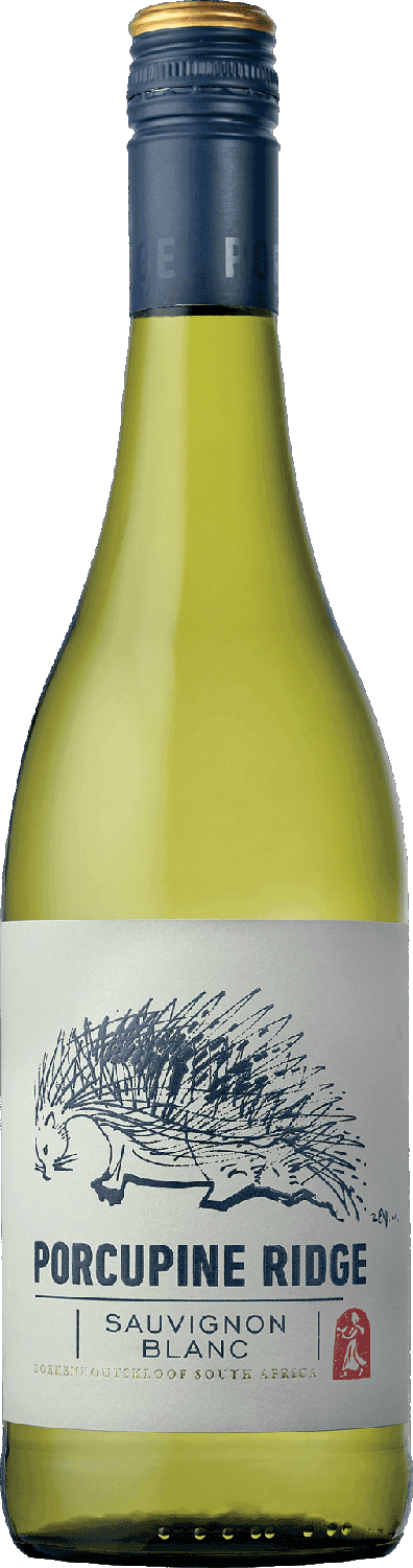 Eine grüne Flasche Porcupine Ridge Sauvignon Blanc mit einem weißen Etikett, auf dem ein schwarzes Stachelschwein abgebildet ist, und einem Text, der den Namen und die Herkunft des Weins aus Südafrika beschreibt.