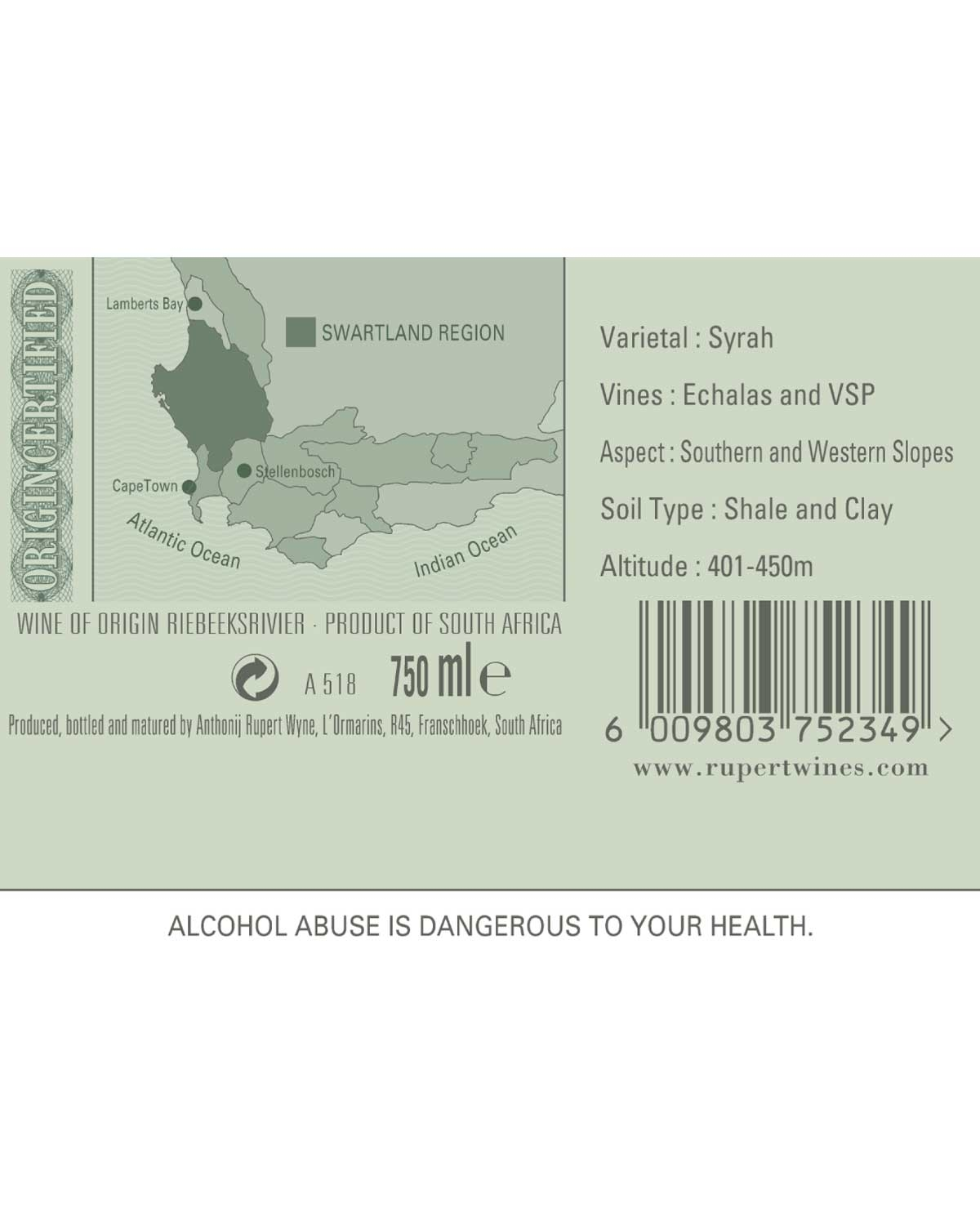 Weinetikett mit einer Karte der südafrikanischen Region Swartland, Angaben zum Wein (Syrah, 750 ml), Angaben zum Weinberg, Barcode und Botschaft: ALKOHOLMISSBRAUCH IST GEFÄHRLICH FÜR IHRE GESUNDHEIT.