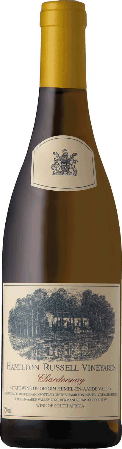 Eine Flasche Hamilton Russell Vineyards Chardonnay Wein mit einem cremefarbenen und blauen Etikett, auf dem ein Weinberg abgebildet ist und ein Text darauf hinweist, dass es sich um einen südafrikanischen Gutswein aus dem Hemel-en-Aarde Valley handelt.