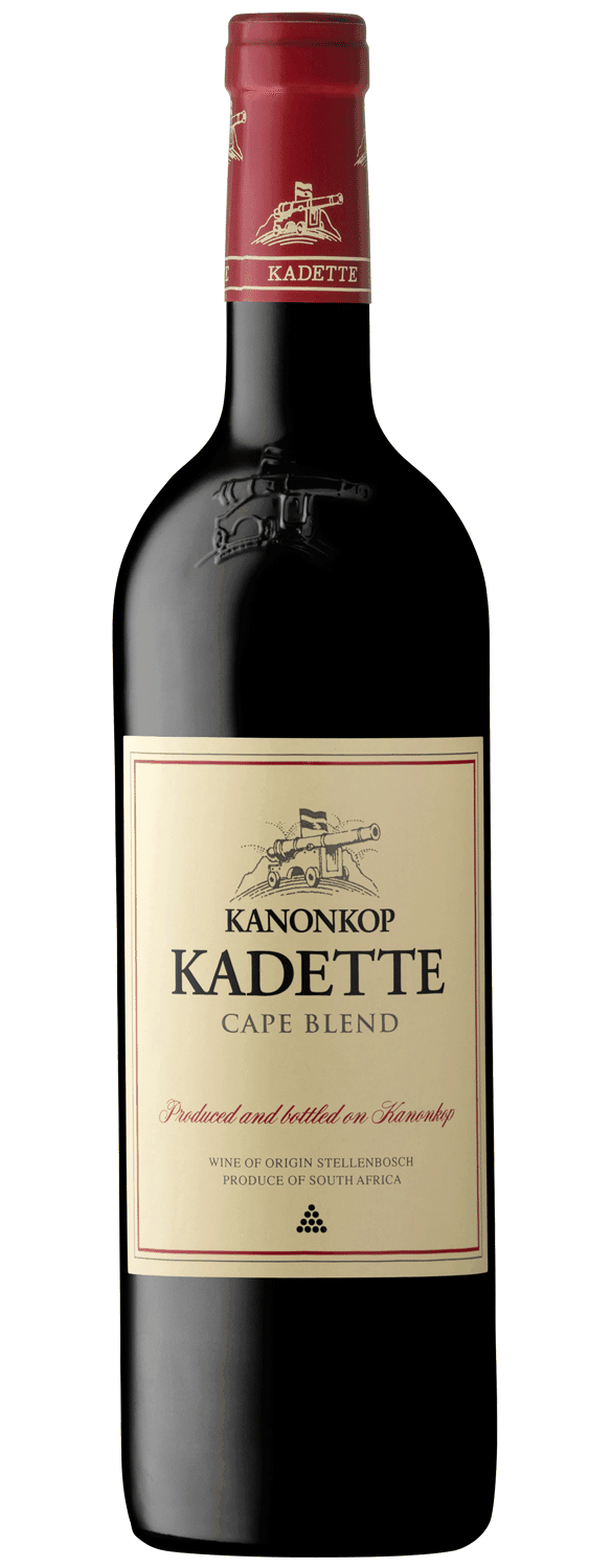 Eine Flasche Kanonkop Kadette Cape Blend Rotwein mit rotem Verschluss und cremefarbenem Etikett mit Text und der Abbildung einer Kanone. Der Wein wird in Stellenbosch, Südafrika, hergestellt.