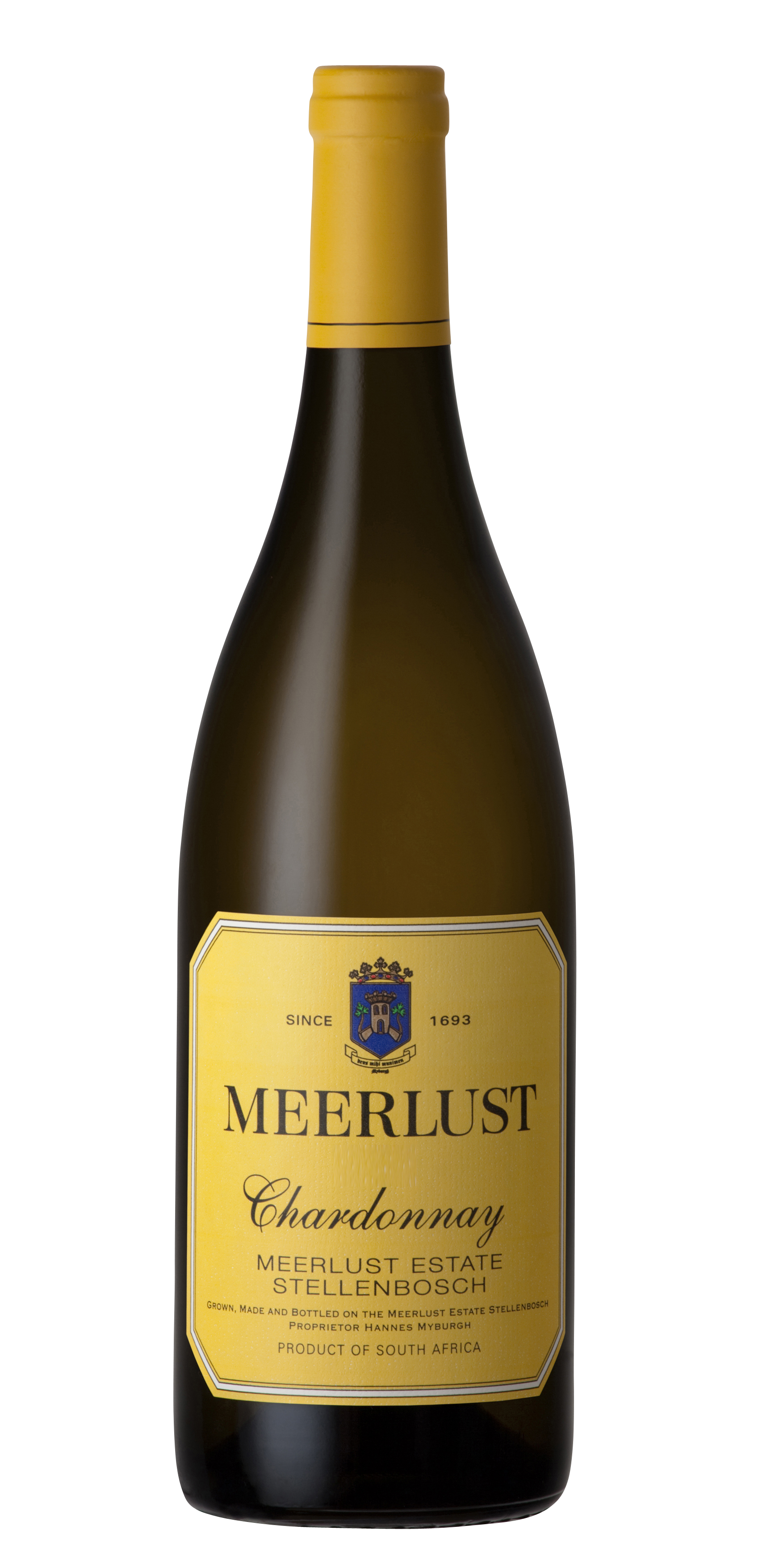 Eine Flasche Meerlust Chardonnay Wein mit einem gelben Etikett und Deckel. Das Etikett enthält das Meerlust-Wappen und den Text "Meerlust Chardonnay, Meerlust Estate, Stellenbosch, Product of South Africa".