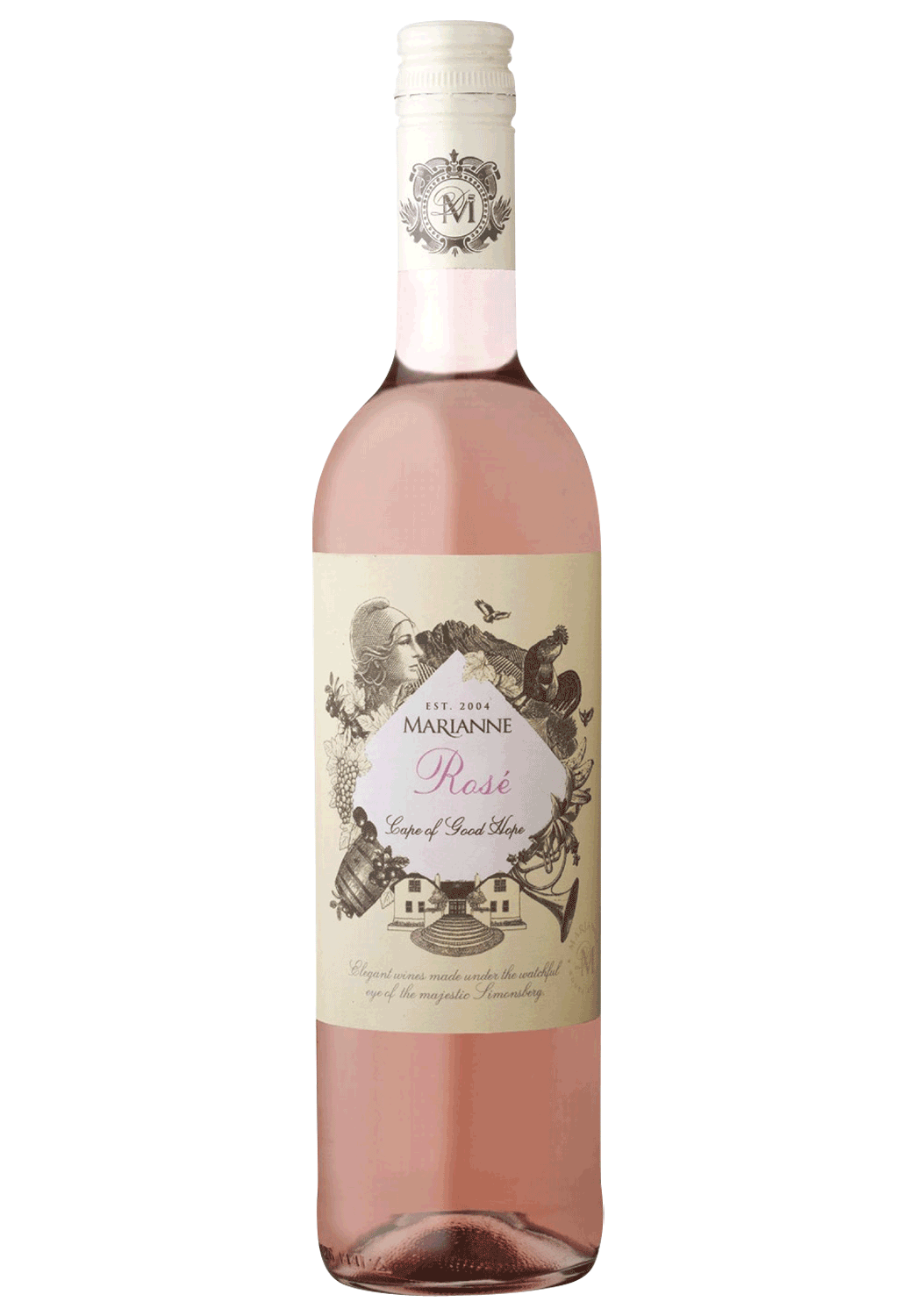 Eine klare Glasflasche mit Marianne Rosé-Wein in einem hellen Rosa-Ton. Das Etikett ist cremefarben mit dekorativen Illustrationen und Text und einer weißen Kappe mit dem Marianne-Logo.