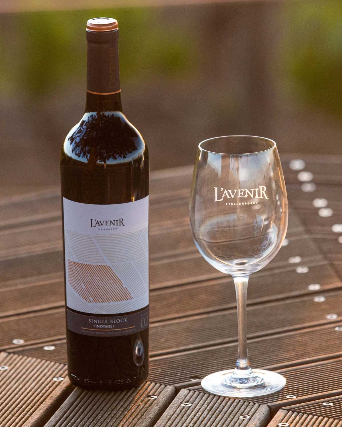 Eine dunkle Weinflasche mit der Aufschrift LAvenir Single Block Pinotage mit einem modernen weiß-goldenen Etikettendesign vor einem hellgrauen Hintergrund.