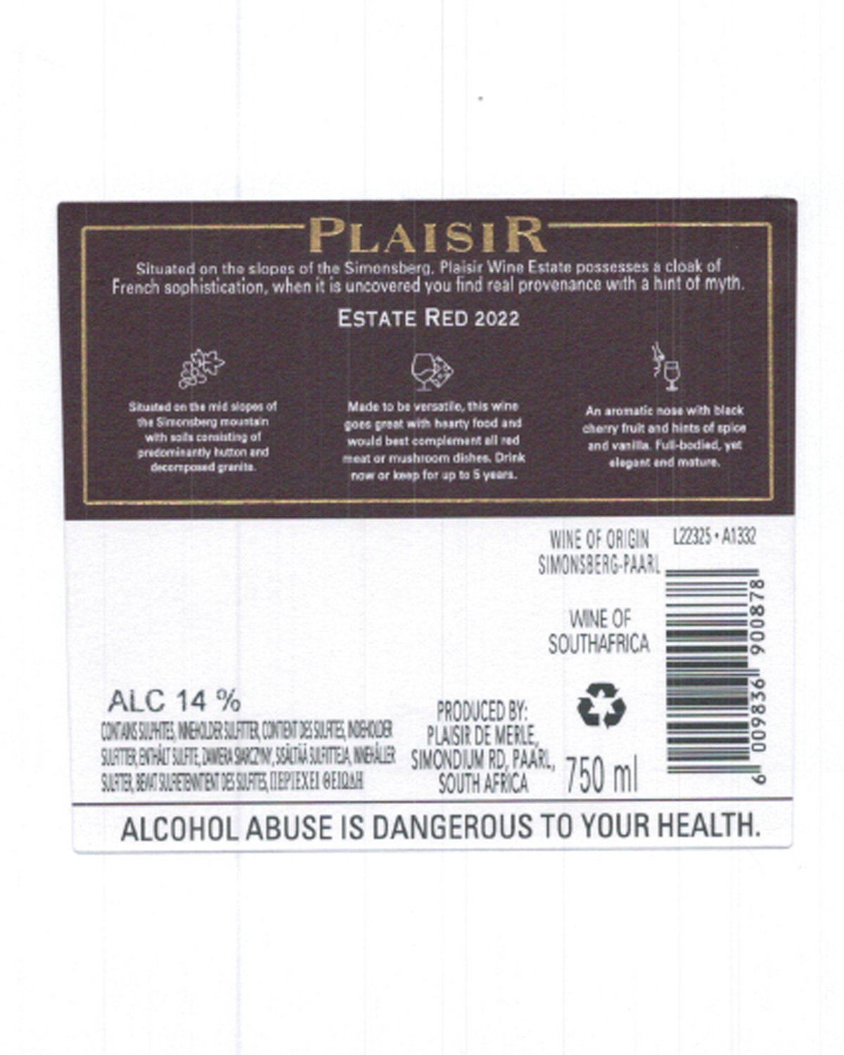 Ein Weinetikett für Plaisir Estate Red 2022. Es beschreibt die Herkunft des Weins, den Alkoholgehalt (14 %), das Volumen (750 ml), den Hersteller in Südafrika und enthält eine Gesundheitswarnung: "Alkoholmissbrauch ist gefährlich für Ihre Gesundheit.