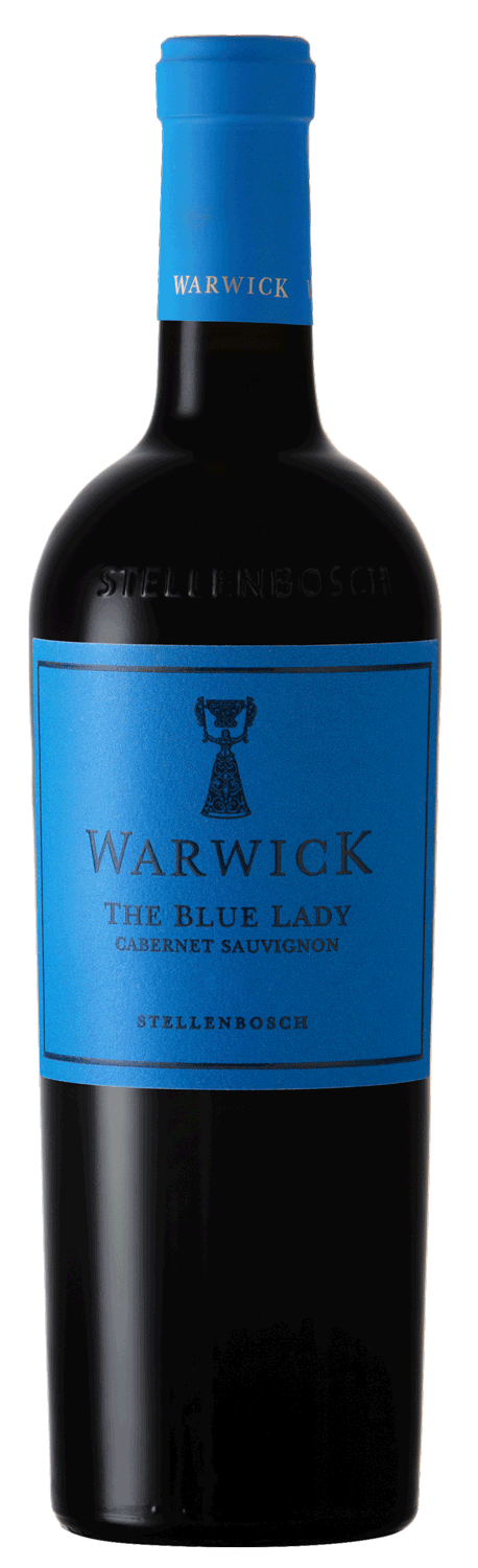 Eine Flasche Warwick The Blue Lady Cabernet Sauvignon aus Stellenbosch mit blauem Etikett und blauem Folienverschluss mit Text und Trophäenlogo.
