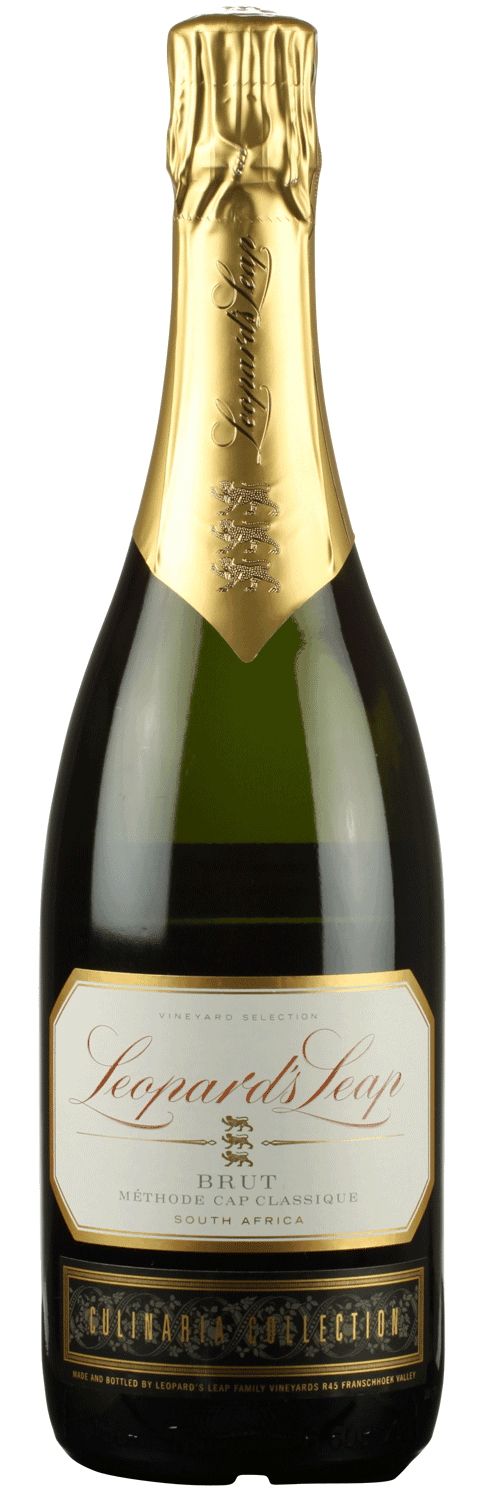 Eine Flasche Leonard's Leap Brut Schaumwein aus Südafrika mit einem mit Goldfolie umwickelten Hals und einem schwarzen Etikett mit goldenen Akzenten am unteren Teil der Flasche.