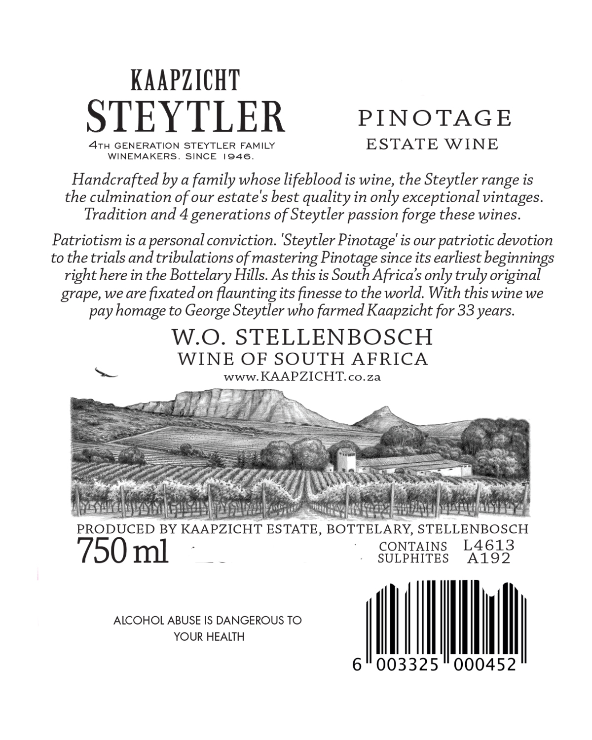 Eine Flasche Kaapzicht Steytler Pinotage Rotwein mit einem schwarz-goldenen Verschluss und einem weißen Etikett mit schwarzem Text; die Flasche steht aufrecht vor einem schlichten Hintergrund.